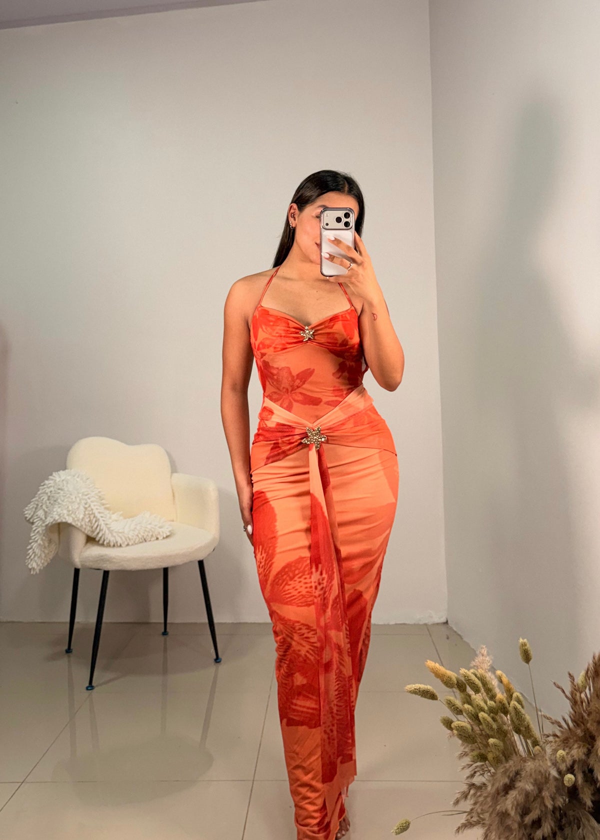 Vestido largo tropical naranja