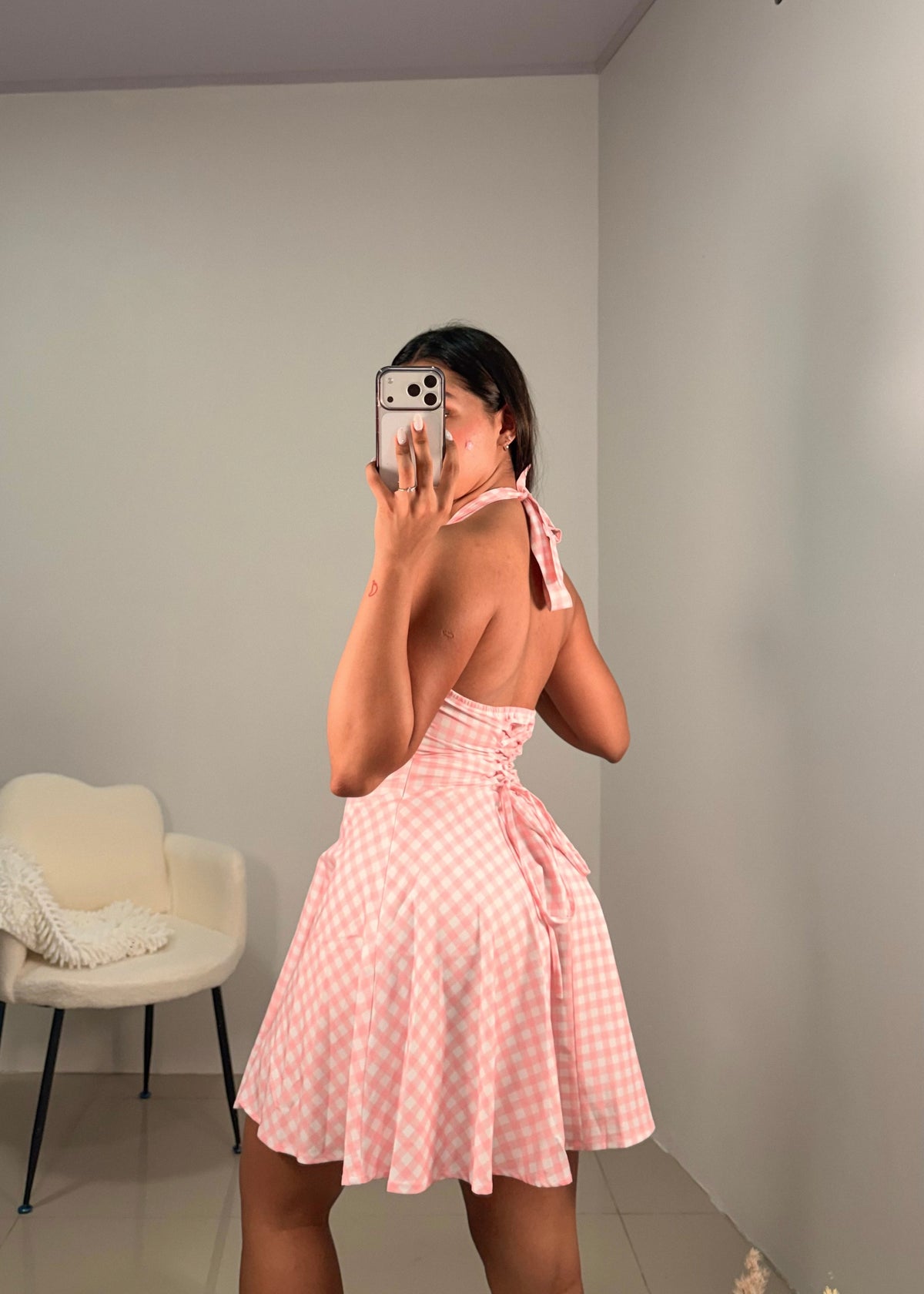 Vestido rosa corto a cuadros