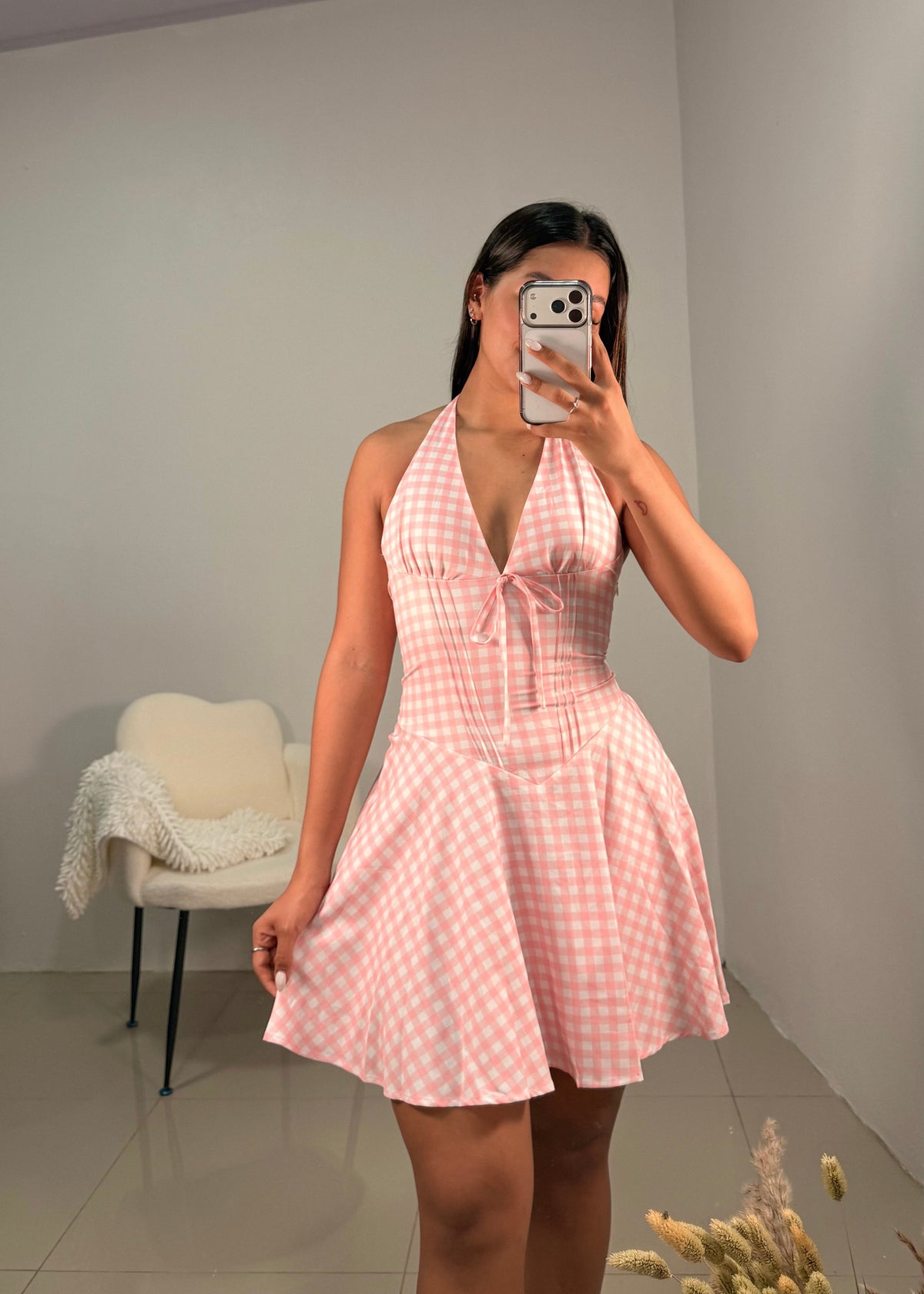 Vestido rosa corto a cuadros
