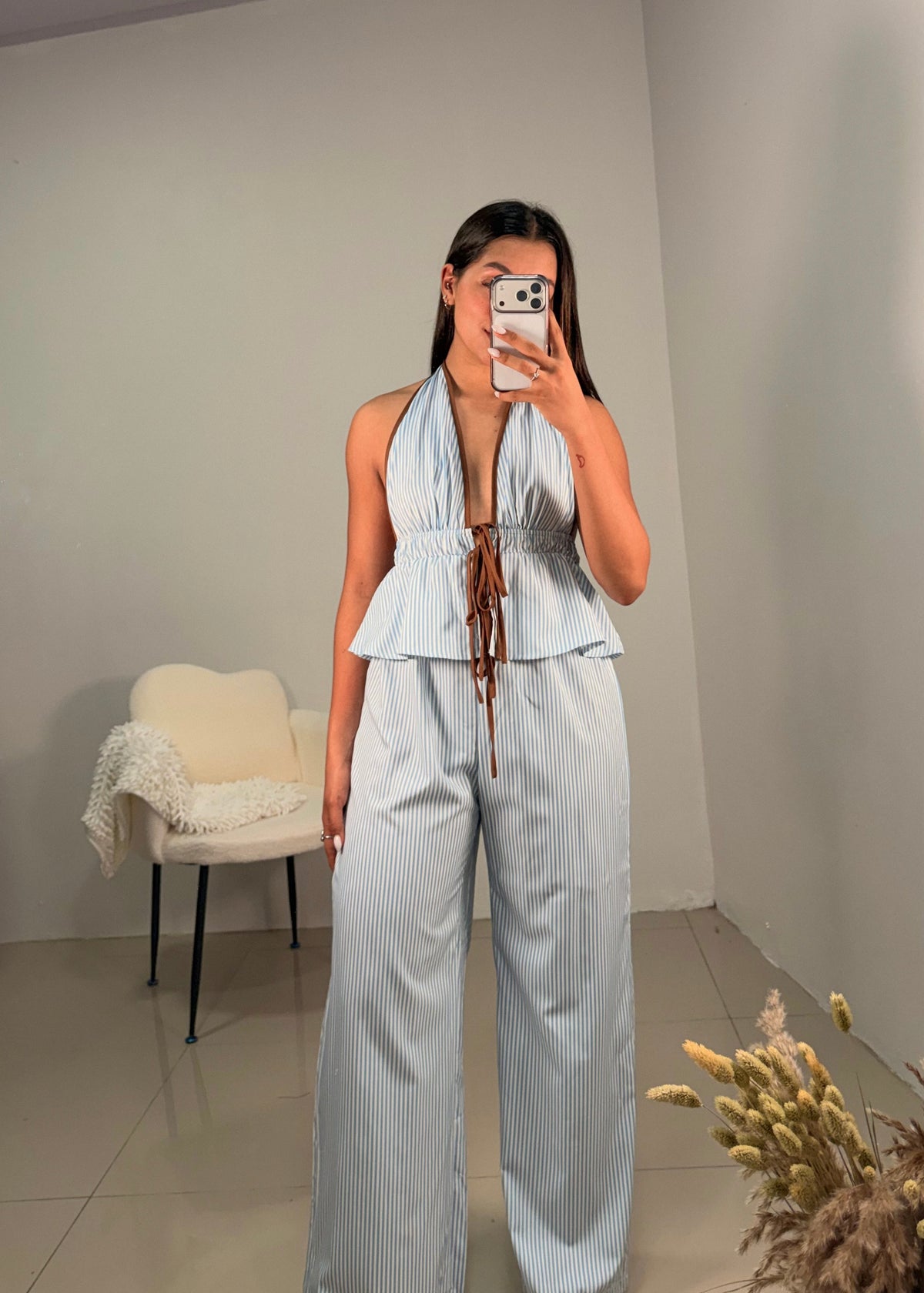 Set rayado celeste con pantalón